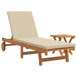 Berkfield Home Rolling Sun Lounger with Table & Cushion Made from Solid Acacia Wood in Beige - thumbnail 2