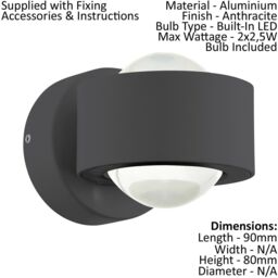 Loops Wall Light Colour Anthracite Shade Clear Plastic Bulb LED 2x2.5W Included - thumbnail 2