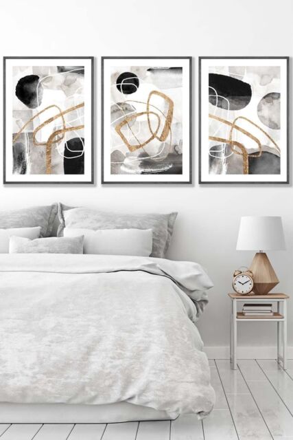 ARTZE Set of 3 Dark Grey Framed Abstract Black Grey & Gold Watercolour Shapes Wall Art - Size: W33 cm x H45 cm x D20mm - image 1