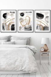 ARTZE Set of 3 Dark Grey Framed Abstract Black Grey & Gold Watercolour Shapes Wall Art - Size: W33 cm x H45 cm x D20mm