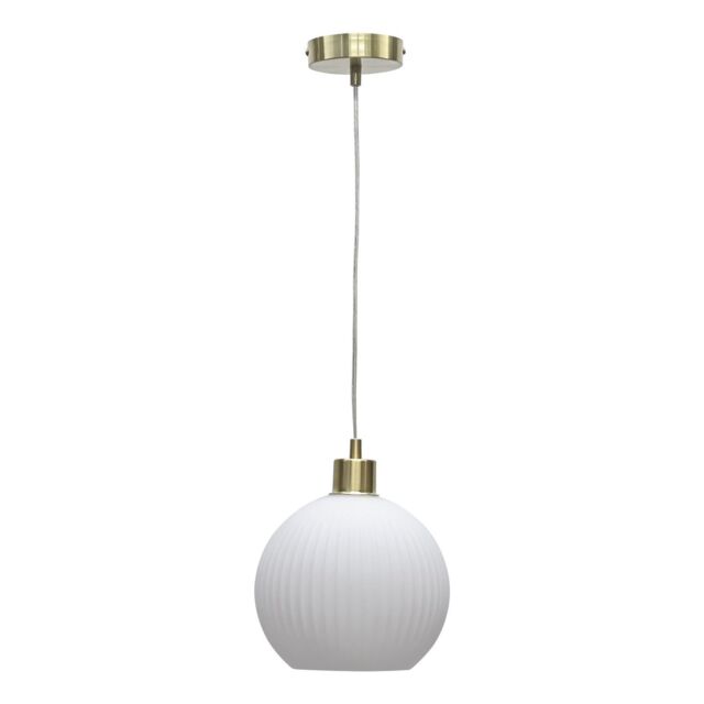 First Choice Lighting Betchley - White Ribbed Glass Globe with Satin Brass Pendant Fitting - image 1