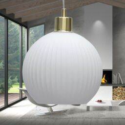 First Choice Lighting Betchley - White Ribbed Glass Globe with Satin Brass Pendant Fitting - thumbnail 4