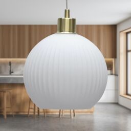 First Choice Lighting Betchley - White Ribbed Glass Globe with Satin Brass Pendant Fitting - thumbnail 3