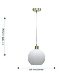 First Choice Lighting Betchley - White Ribbed Glass Globe with Satin Brass Pendant Fitting - thumbnail 8