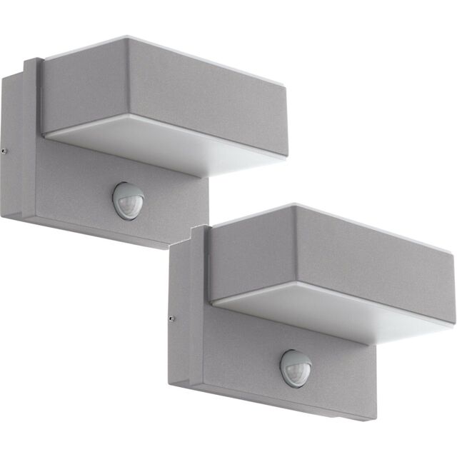 Loops 2 PACK IP44 Outdoor Wall Light & PIR Sensor Silver Steel Square 5.6W LED in Metallics - image 1