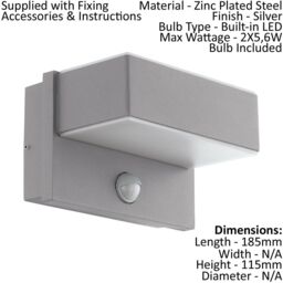 Loops 2 PACK IP44 Outdoor Wall Light & PIR Sensor Silver Steel Square 5.6W LED in Metallics - thumbnail 2