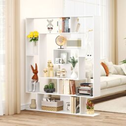 Gymax 7-Tier Bookshelf Geometric Bookcase with 2 Anti-Tipping Kits-White in White - thumbnail 4