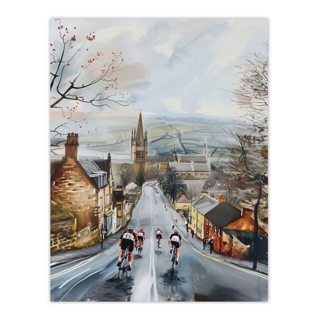 "Artery8 Cyclists in Misty Yorkshire Town Street Painting Wall Art Print in Grey - Size: W18"" x H24""" - image 1