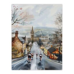"Artery8 Cyclists in Misty Yorkshire Town Street Painting Wall Art Print in Grey - Size: W18"" x H24""" - thumbnail 1
