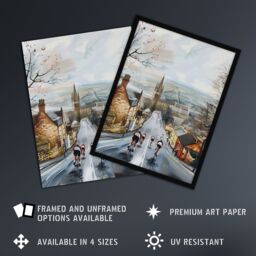 "Artery8 Cyclists in Misty Yorkshire Town Street Painting Wall Art Print in Grey - Size: W18"" x H24""" - thumbnail 2