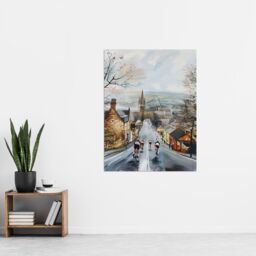 "Artery8 Cyclists in Misty Yorkshire Town Street Painting Wall Art Print in Grey - Size: W18"" x H24""" - thumbnail 4