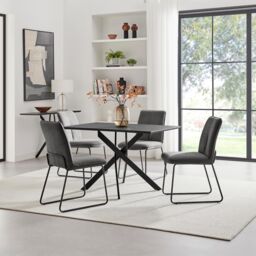 FurnitureboxUK Leonardo Black Top Dining Table & 4 Halley Dark Grey Fabric Chairs - thumbnail 1