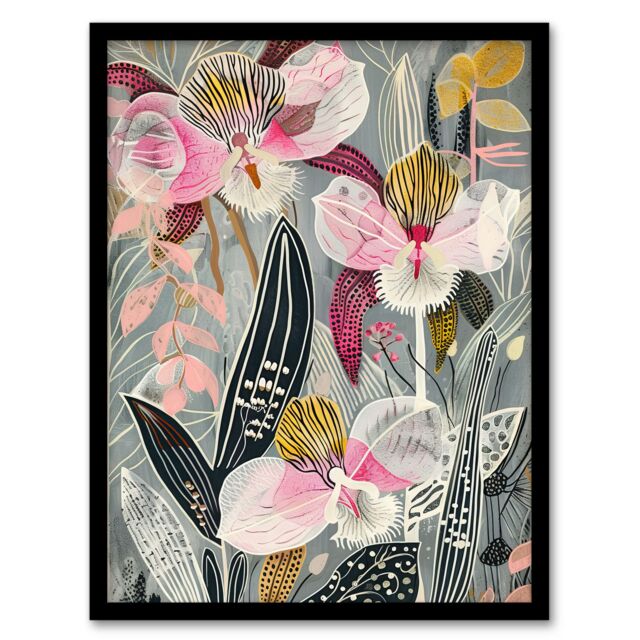 "Artery8 Bold Stylised Orchid Flowers Hot Pink Contrast Framed Art Print - Size: W12"" x H16""" - image 1