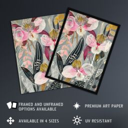 "Artery8 Bold Stylised Orchid Flowers Hot Pink Contrast Framed Art Print - Size: W12"" x H16""" - thumbnail 2