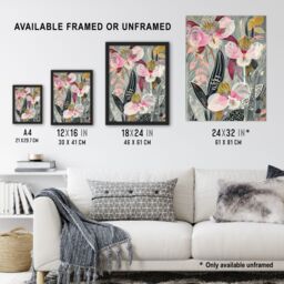 "Artery8 Bold Stylised Orchid Flowers Hot Pink Contrast Framed Art Print - Size: W12"" x H16""" - thumbnail 3