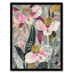 "Artery8 Bold Stylised Orchid Flowers Hot Pink Contrast Framed Art Print - Size: W12"" x H16""" - thumbnail 1