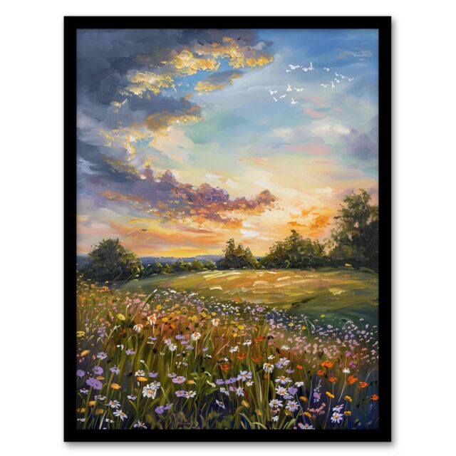 "Artery8 Wildflower Meadow Landscape Oil Painting Spring Framed Art Print in Green - Size: W12"" x H16""" - image 1
