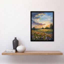 "Artery8 Wildflower Meadow Landscape Oil Painting Spring Framed Art Print in Green - Size: W12"" x H16""" - thumbnail 4