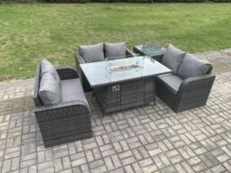 Fimous Rattan Outdoor Garden Furniture Sofa Set Gas Fire Pit Dining Table Gas Heater with Side Table Love Sofa Dark Grey Mixed - thumbnail 3