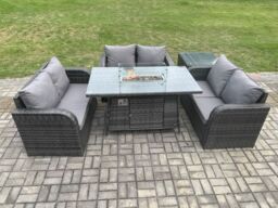 Fimous Rattan Outdoor Garden Furniture Sofa Set Gas Fire Pit Dining Table Gas Heater with Side Table Love Sofa Dark Grey Mixed - thumbnail 1