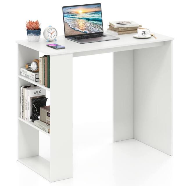 Costway Computer Desk 90cm Study Desk Wooden Writing Desk w/ Bookshelf in White - image 1