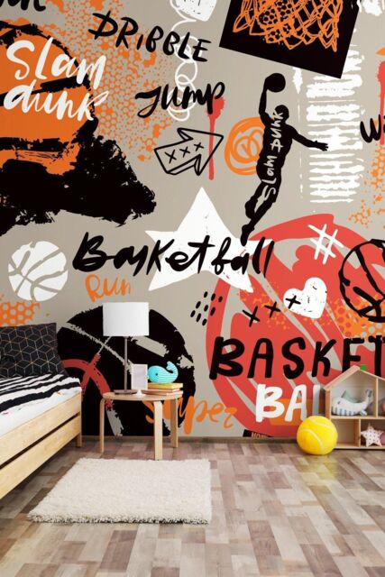 Origin Murals Graffiti Basketball Wall Mural in Orange - Size: W350 cm x H280 cm - image 1