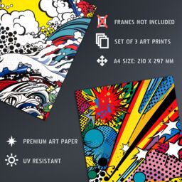 Artery8 Wall Art Print Set of 3 Abstract Pop Vibrant Artworks Comic Book Style Splash Bang Crash Colour Explosion Living Room Poster s Pack - thumbnail 4