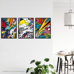 Artery8 Wall Art Print Set of 3 Abstract Pop Vibrant Artworks Comic Book Style Splash Bang Crash Colour Explosion Living Room Poster s Pack - thumbnail 3