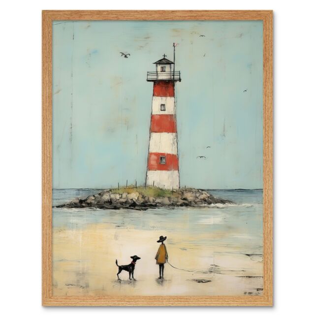 "Artery8 Wall Art Print Lighthouse Pastel Colour Painting Bathroom Artwork Red Blue Ochre Boy & Pet Dog Beach Walk Art Framed - Size: W12"" x H16""" - image 1