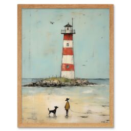 "Artery8 Wall Art Print Lighthouse Pastel Colour Painting Bathroom Artwork Red Blue Ochre Boy & Pet Dog Beach Walk Art Framed - Size: W12"" x H16""" - thumbnail 1