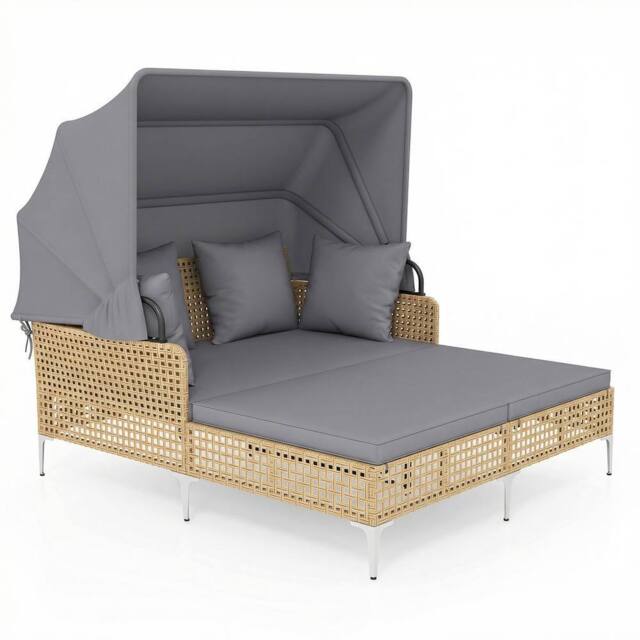 Costway Patio Daybed w/Retractable Canopy PE Rattan Wicker Double Lounger Bed in Grey