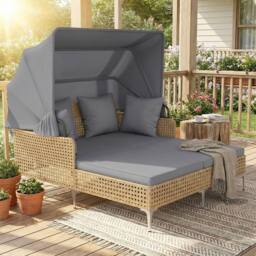 Costway Patio Daybed w/Retractable Canopy PE Rattan Wicker Double Lounger Bed in Grey - thumbnail 3