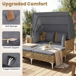 Costway Patio Daybed w/Retractable Canopy PE Rattan Wicker Double Lounger Bed in Grey - thumbnail 7