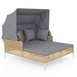 Costway Patio Daybed w/Retractable Canopy PE Rattan Wicker Double Lounger Bed in Grey - thumbnail 1