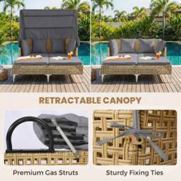 Costway Patio Daybed w/Retractable Canopy PE Rattan Wicker Double Lounger Bed in Grey - thumbnail 5
