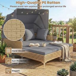 Costway Patio Daybed w/Retractable Canopy PE Rattan Wicker Double Lounger Bed in Grey - thumbnail 6