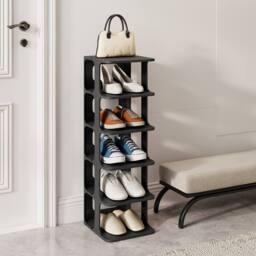 Costway 6-Tier Stackable Shoe Rack Plastic Modern Entryway Shoe Storage Shelf in Black - thumbnail 1