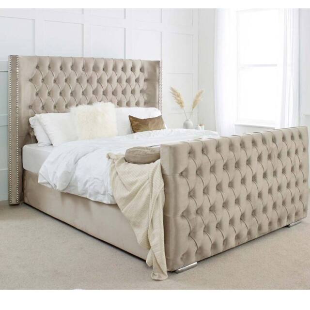 PARADISE BEDS LTD High Headboard Button Ottoman Bed Frame With Storage in Beige - Size: King - image 1