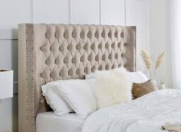 PARADISE BEDS LTD High Headboard Button Ottoman Bed Frame With Storage in Beige - Size: King - thumbnail 4