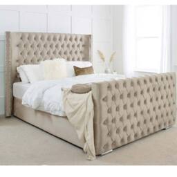 PARADISE BEDS LTD High Headboard Button Ottoman Bed Frame With Storage in Beige - Size: King