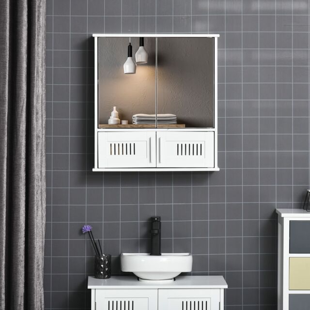 Kleankin Bathroom Mirror Cabinet Wall Mount Storage Unit Double Doors in White - image 1