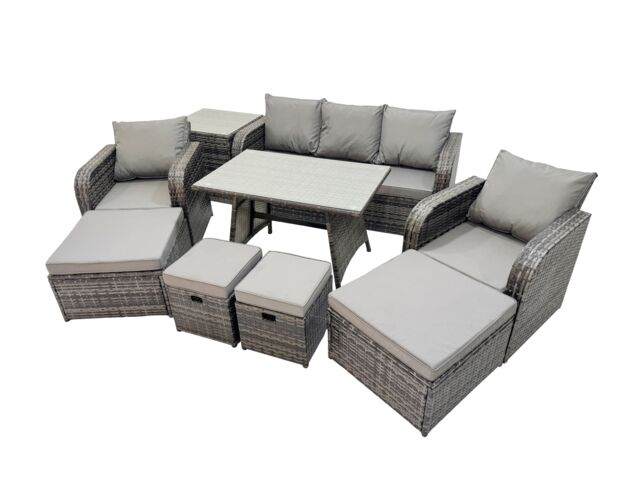 Fimous Garden Rattan Furniture Set 9 Seater with Side Table 2 Big Stool in Dark Grey - image 1