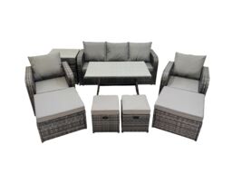Fimous Garden Rattan Furniture Set 9 Seater with Side Table 2 Big Stool in Dark Grey - thumbnail 2