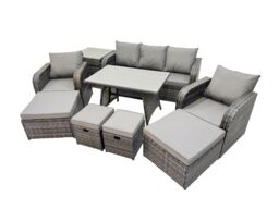 Fimous Garden Rattan Furniture Set 9 Seater with Side Table 2 Big Stool in Dark Grey - thumbnail 1