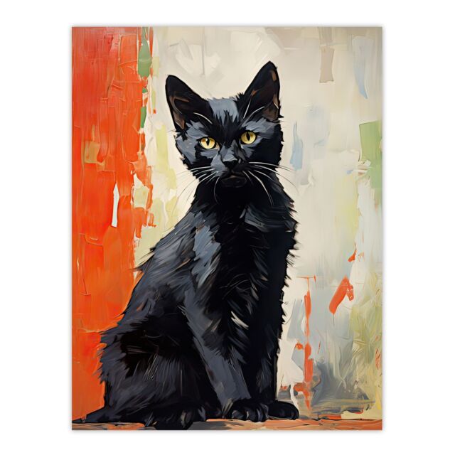 "Artery8 Wall Art Print Black Cat Orange Beige Green Chat Noir Stray Kitten Poster - Size: W18"" x H24""" - image 1