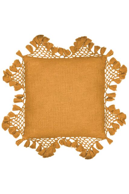 Yard Anko Slub Cotton Macrame Tassel Trimmed Cushion in Light Brown - Size: 45 cm x 45 cm - image 1