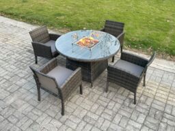 Fimous Outdoor PE Rattan Garden Furniture Set Gas Fire Pit Round Table Sets Gas Heater with 4 Seater Dining Chairs Dark Grey Mixed - thumbnail 2