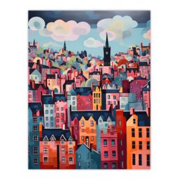 "Artery8 Wall Art Print Edinburgh Cityscape Stylised Oil Painting Pink Blue Cloudy Scottish City Skyline Poster - Size: W18"" x H24""" - thumbnail 1