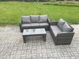 Fimous Outdoor Rattan Garden Furniture Set Patio Lounge Sofa Set with Rectangular Coffee Table Dark Grey Mixed - thumbnail 1