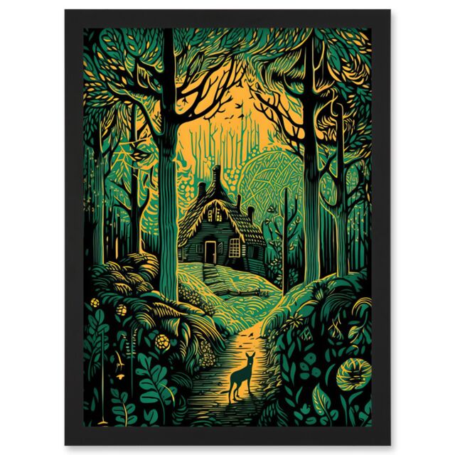 Artery8 Cabin Hut in the Forest Green & Orange Linocut Artwork Framed Wall Art Print A4 in Black - image 1